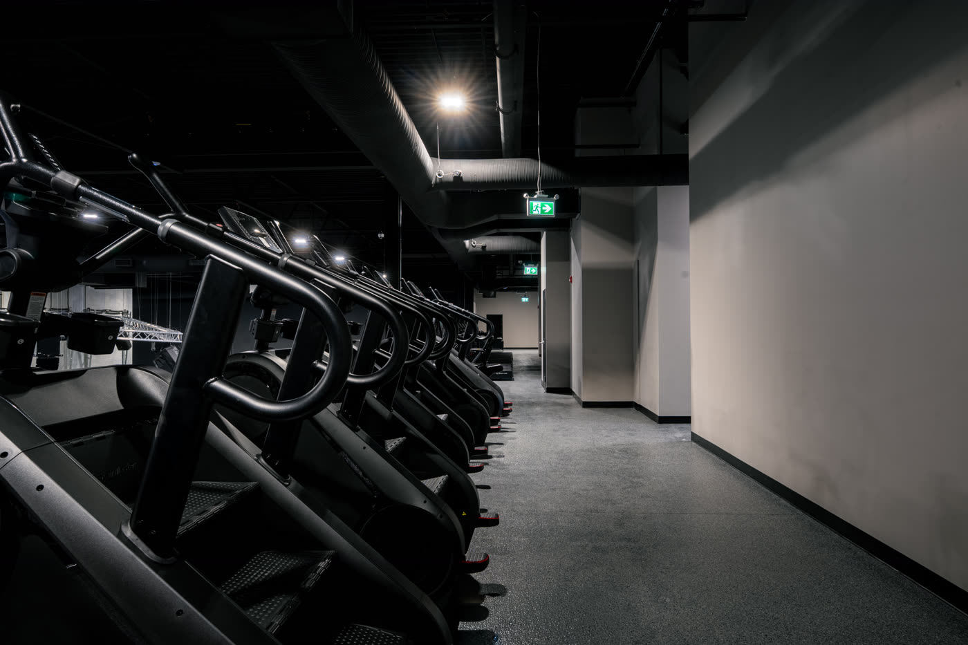 Iron Lore Gym Edmonton — row of treadmills and stair mills on the cardio deck