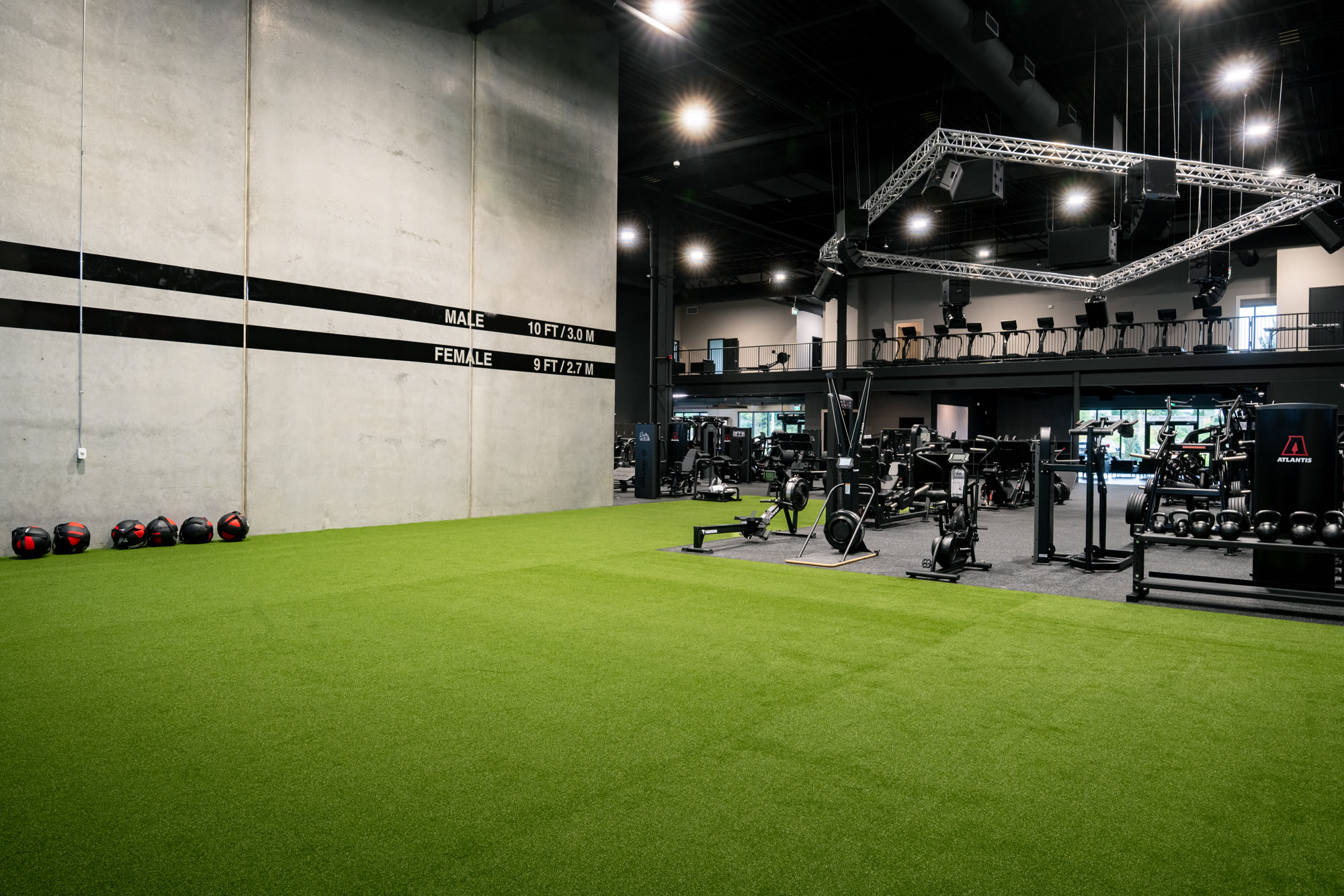 Iron Lore Gym Edmonton — two-story gym floor with full turf functional training zone