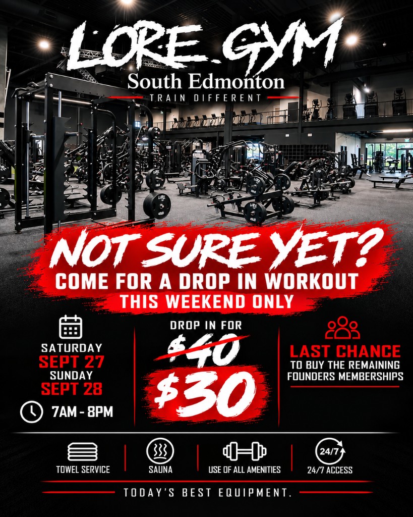 Iron Lore Gym South Edmonton weekend drop-in, $30 on September 27 and 28