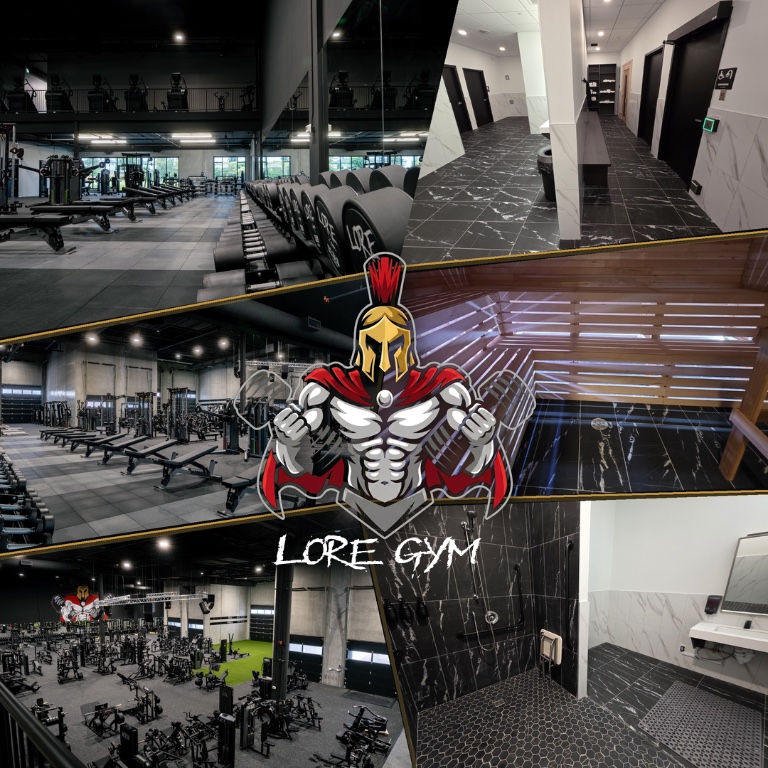 Iron Lore Gym Edmonton: strength equipment, dumbbells, sauna, showers and change rooms surrounding the Lore Gym logo.